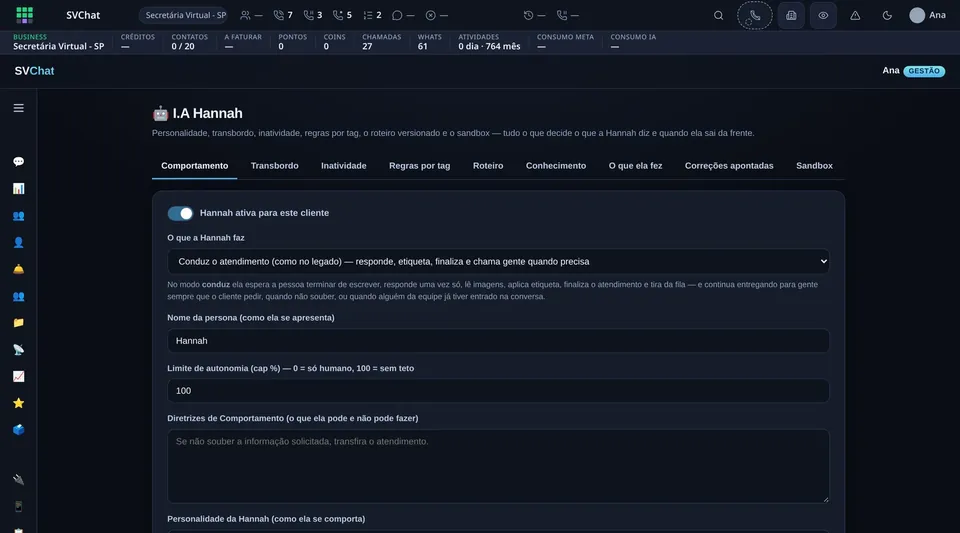 Tela do SVSuite: as escolhas de como a Hannah atende e quando chama gente (dados de exemplo)