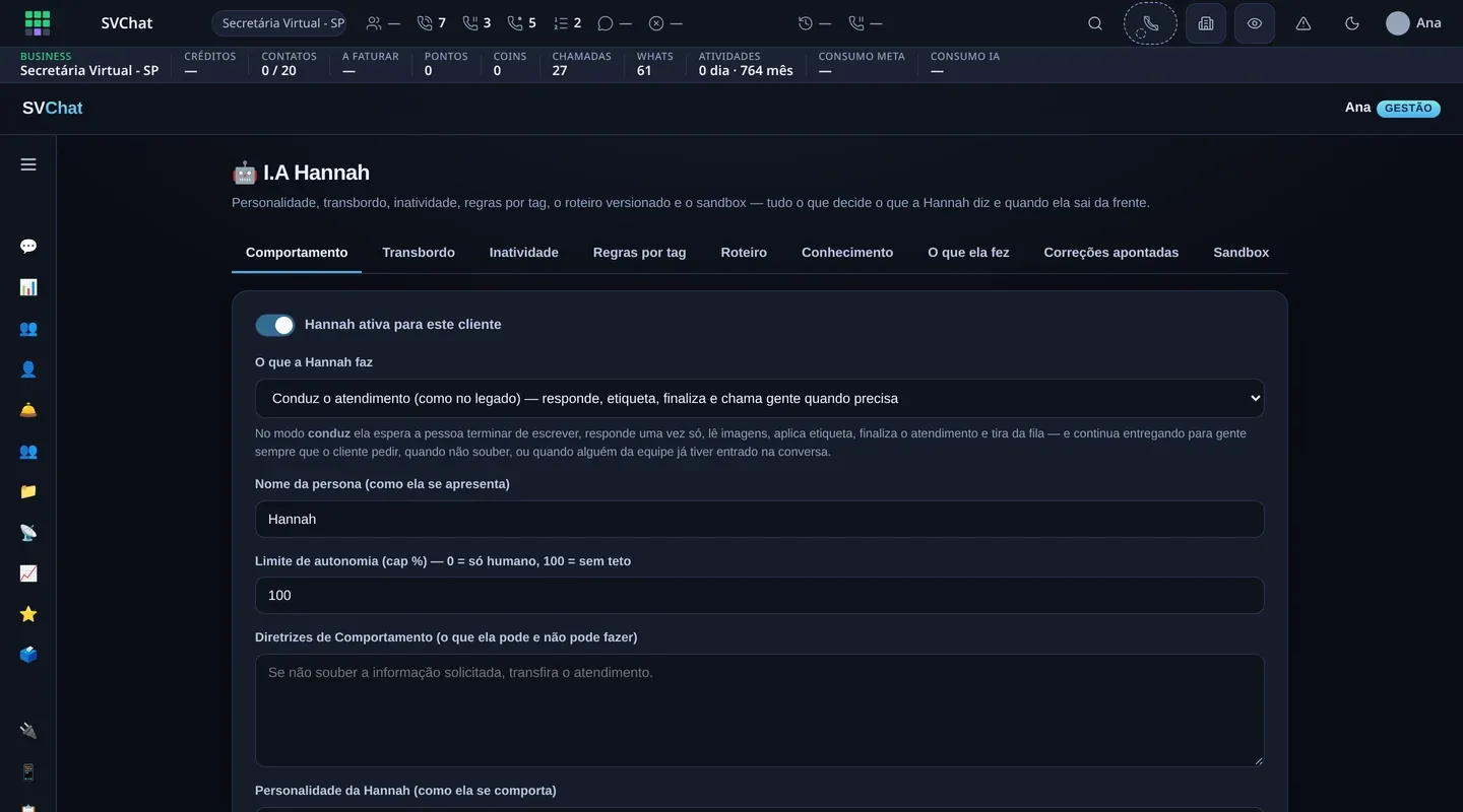 Configuração da IA Hannah: comportamento, transbordo, roteiro e limites