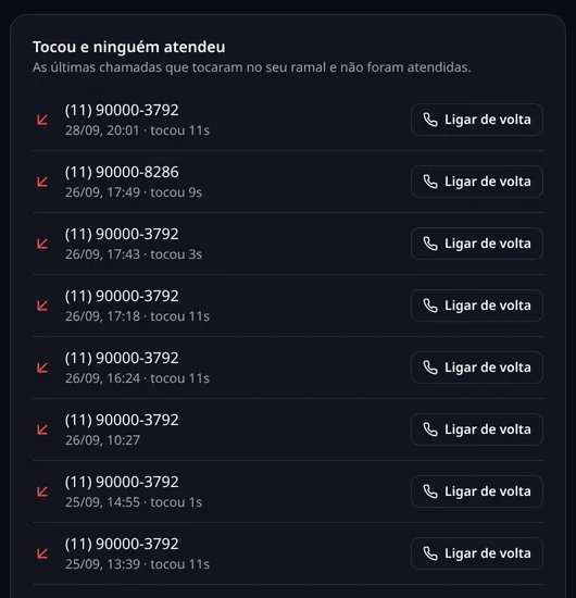 Tela real do telefone da plataforma: as ligações que tocaram e ninguém atendeu, com o botão ligar de volta (números fictícios)
