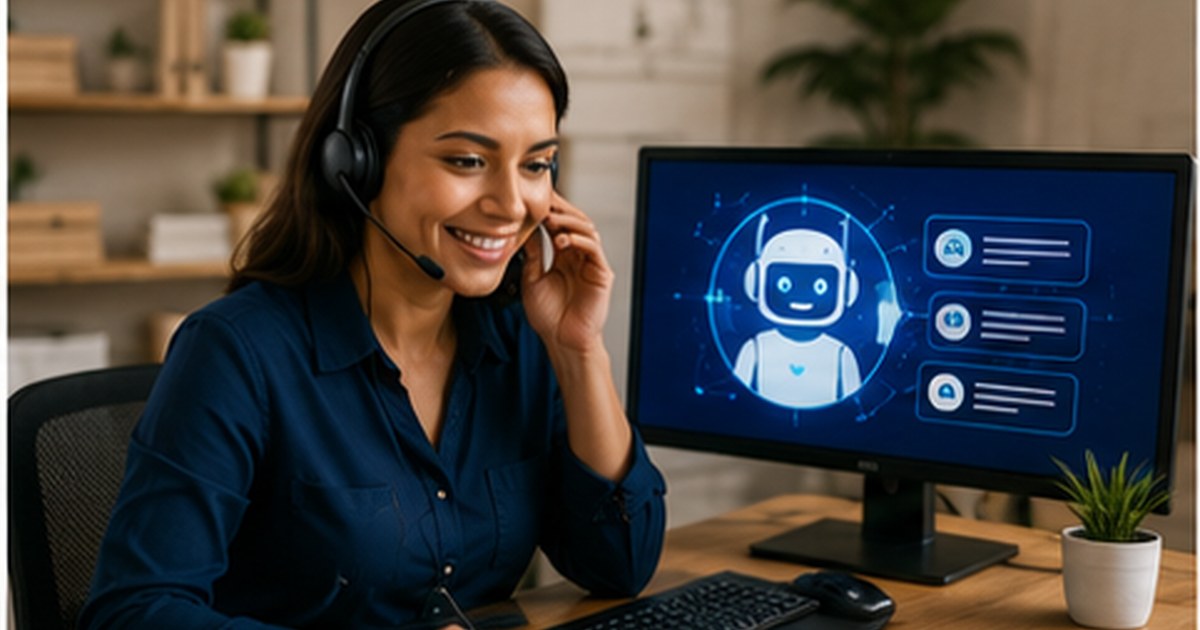 Gestora de clínica com tablet sorrindo, paleta azul Secretária Virtual