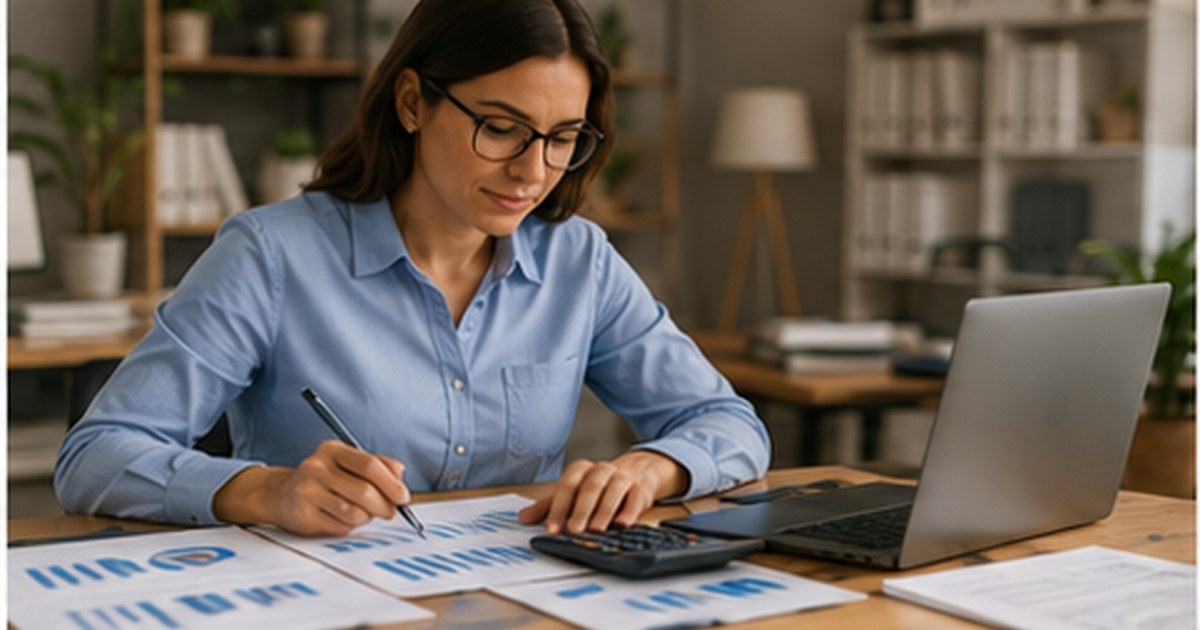 Mulher analisando opções de trabalho remoto no notebook, paleta SV