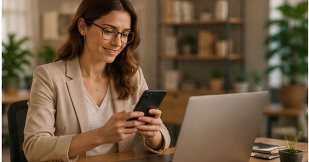 Pequena empresária olhando celular preocupada com mensagens não respondidas, paleta azul Secretária Virtual