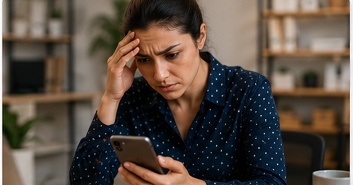 Mulher empresária olhando celular com expressão de foco, paleta azul Secretária Virtual