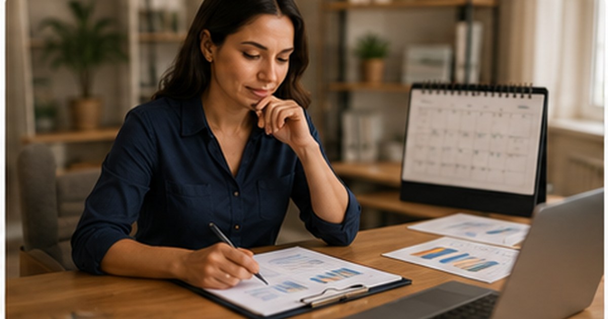 Mulher empreendedora com caderno e xícara em fim de tarde, paleta azul Secretária Virtual