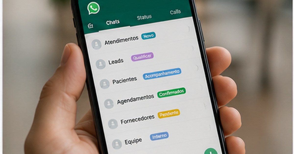 Gestora de clínica olhando tela de WhatsApp com cadeado de segurança, paleta SV