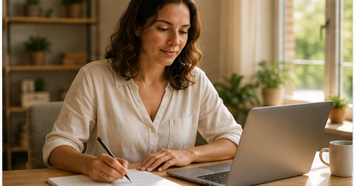 Mulher 40 anos planejando saída do emprego em mesa caseira com caderno e notebook, paleta SV